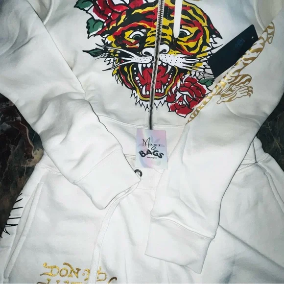 Ed Hardy: Tiger Rose Tattoo Ivory Jacket & Shorts SET (NWT)